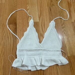 White Knit Ruffle Trim Top